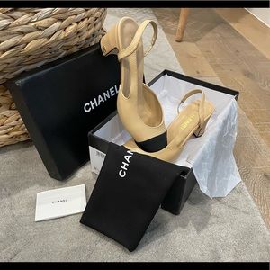 Chanel black and beige cap toe sling-backs
